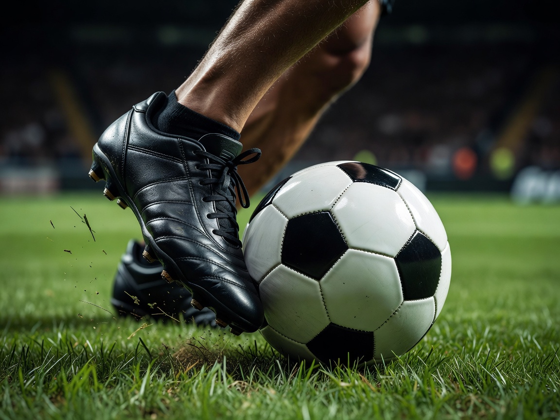 Boot meeting the ball at the moment of contact, close-up