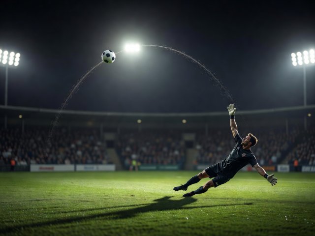 Ball chipped gently over an advancing goalkeeper under floodlights