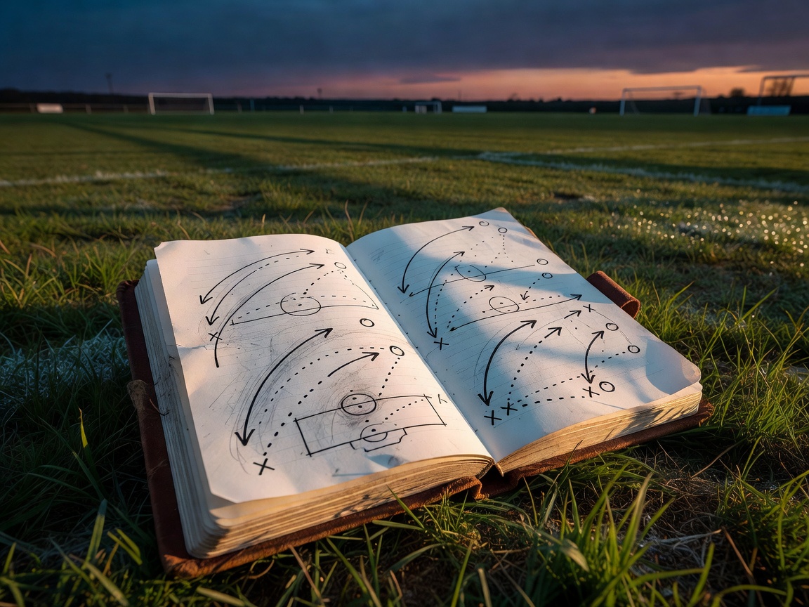 Coach's notebook with trajectory sketches on a training pitch at dusk