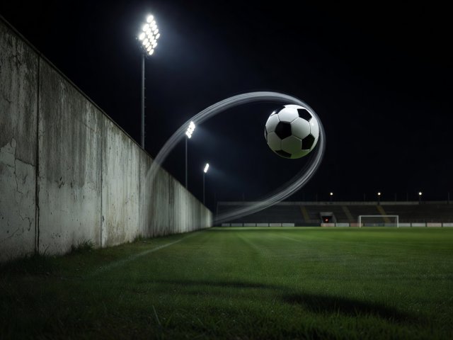 Spinning football curling through the night air over a defensive wall