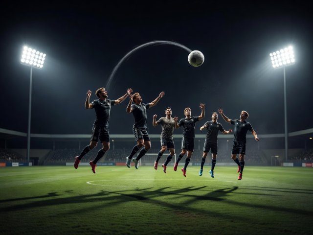 Ball dipping over a jumping wall under floodlights