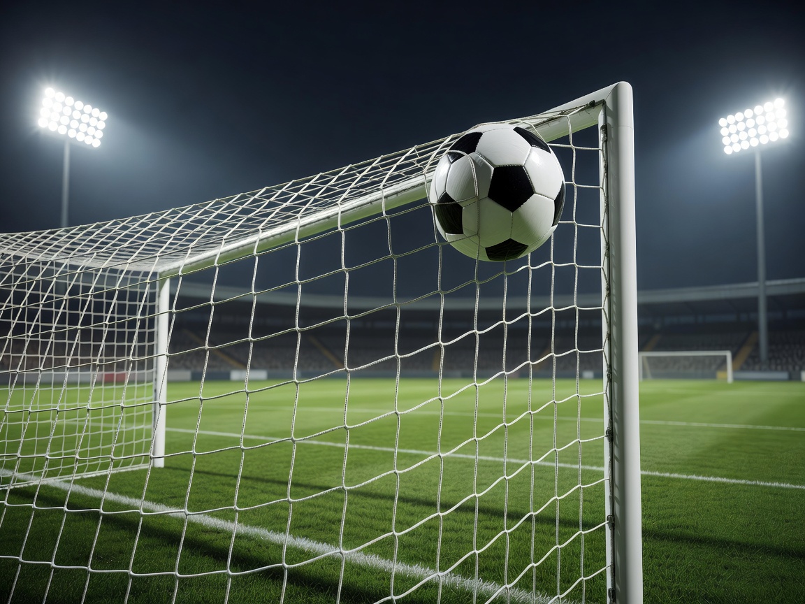 Ball nestled in the top corner of a floodlit goal net