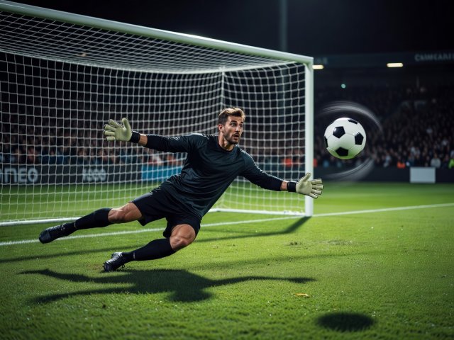 Goalkeeper wrong-footed by a swerving ball