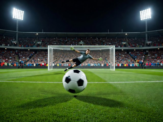 Ball struck with almost no spin heading toward goal in a dark stadium