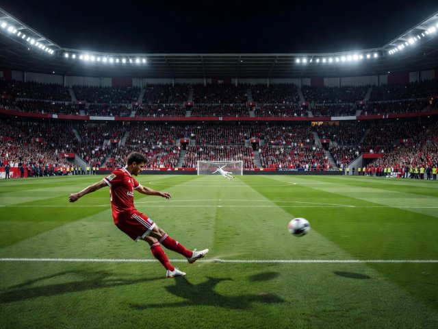 Long-range free kick taken in a packed floodlit stadium