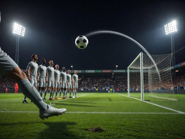 Wide-angle view of a ball swerving outside the wall toward the post