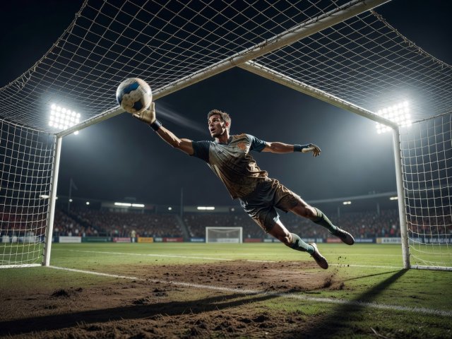Goalkeeper diving at full stretch as the ball curls into the top corner